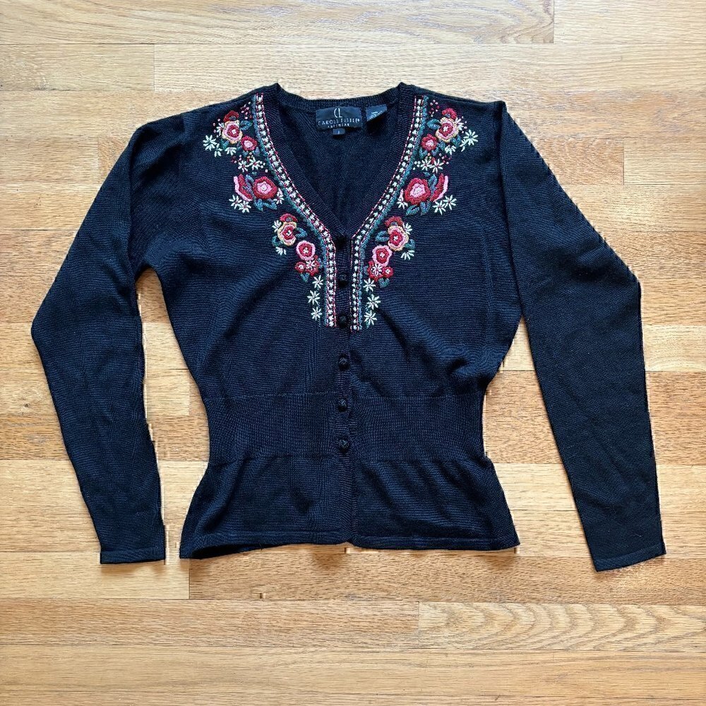 Vintage Carole Little Knitwear Cardigan embroidered floral knot button detailing